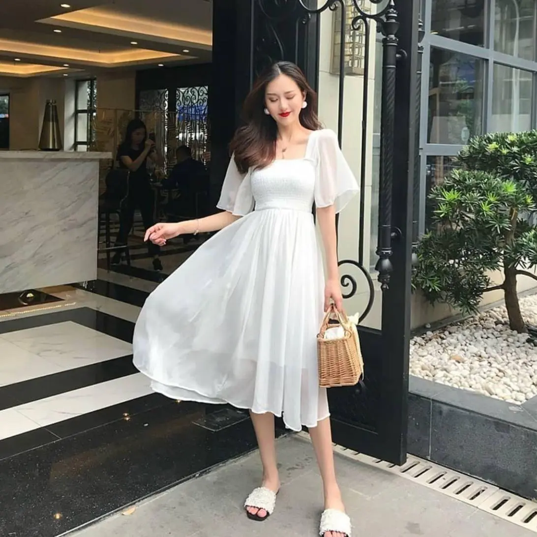 KC - Malika Midi Dress - 2 Size - Square Neck Chiffon ada furing