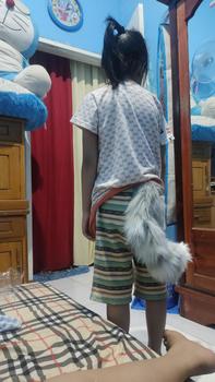 Product Review of ekor furry anggora loreng neko tail blaster faux fur fluffy halloween party fashion cosplay animal stuff aksesoris hiasan dekorasi costume accessories kawaii cute cat shippo from l**a 0