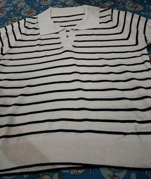 Product Review of BLOUSE WANITA KOREA STRIPE Hitam Navy Baju rajut salur wanita Atasan knitwear basic from R**i p**i 0