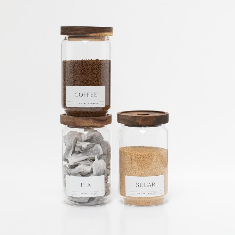 Set of 3 Acacia Glass Jars Tea, Coffee and Sugar 750 ML | Tea Coffee Sugar Canisters [LABEL SLIM] Airtight Containers 4