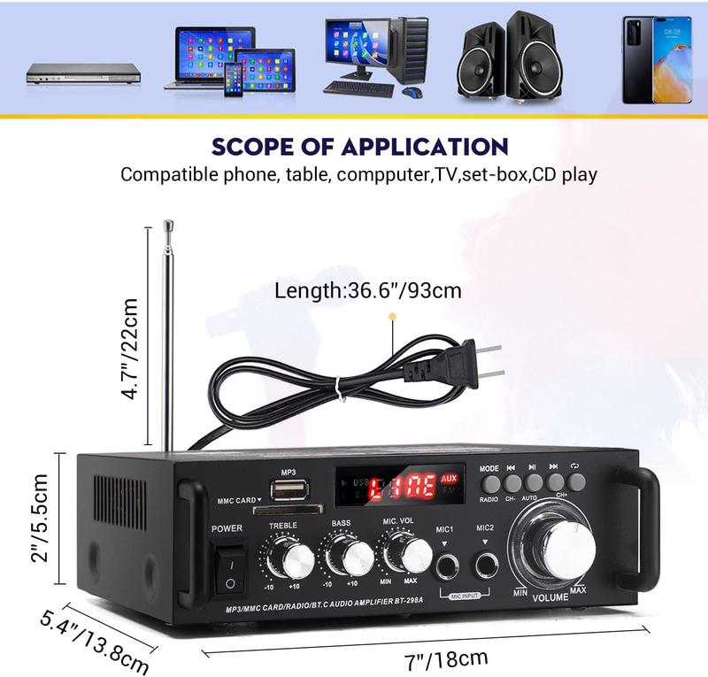 Product Introduction of 800W BT-309A Bluetooth Amplifiers HIFI USB FM Radio Car Audio Amplificador De Audio Subwoofer 12/220V HIFI 2 CH Home Theater Amp Connection Durable 48
