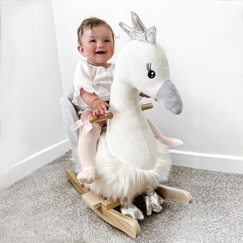 HOMCOM Kids Children Rocking Horse Plush Ride On Swan w/ Sound Wood Base Seat Safety Belt Toddler Baby Toy Rocker 18 - 36 Months 7