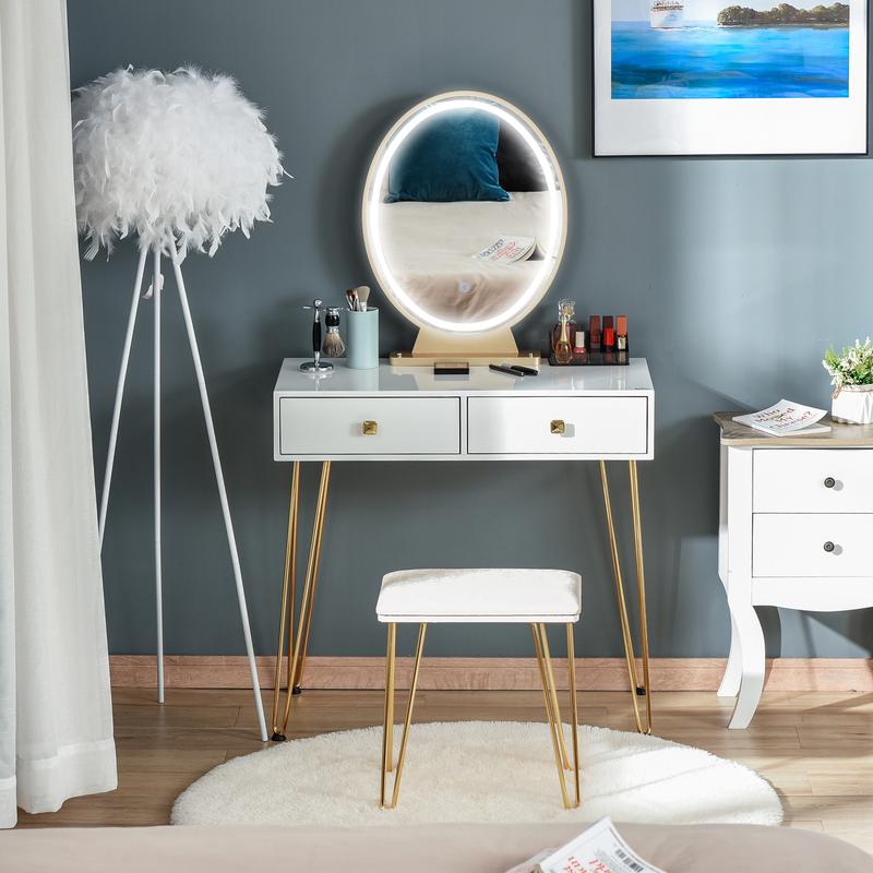 HOMCOM Dressing Table Set with LED Light, Round Mirror, Vanity Makeup Table with 2 Drawers and Cushioned Stool for Bedroom, White 1