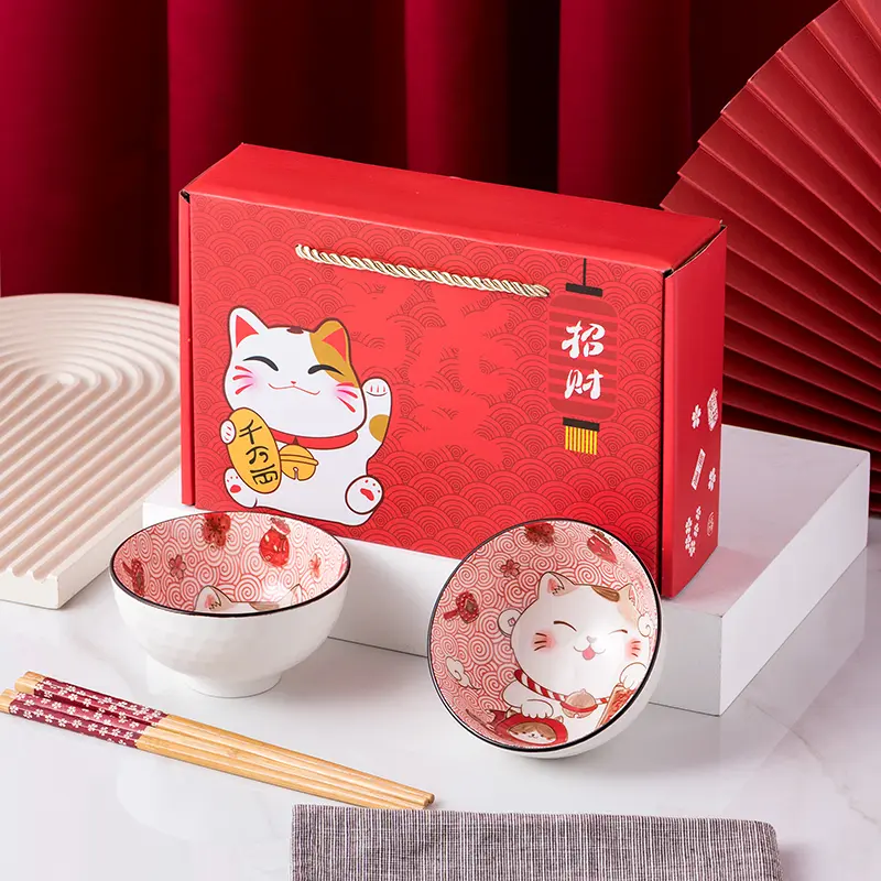 Fortune Cat Japanese Chinese Style Rice Bowl Gift Set Set of 2 Cutlery Tableware Chopstick