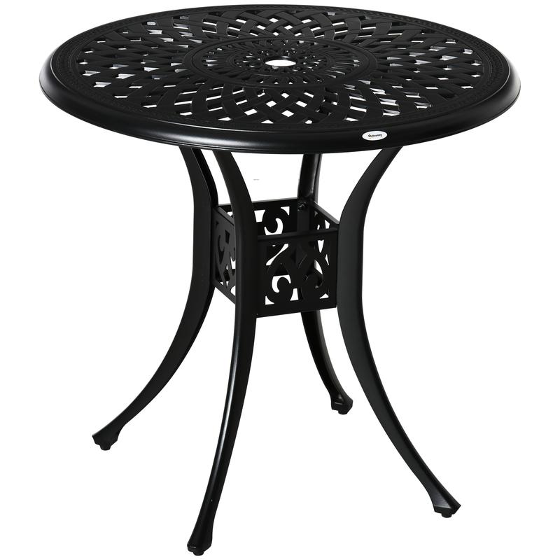 Outsunny 78cm Round Garden Dining Table with Parasol Hole Antique Cast Aluminium Outdoor Table Only, Black 0