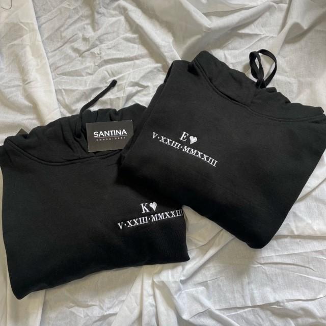 Custom Roman Numeral Anniversary Hoodie with Initials on Chest for Couples - Tops, hoodie , Set, Unisex, Soft, Menswear, Small, Birthday 1