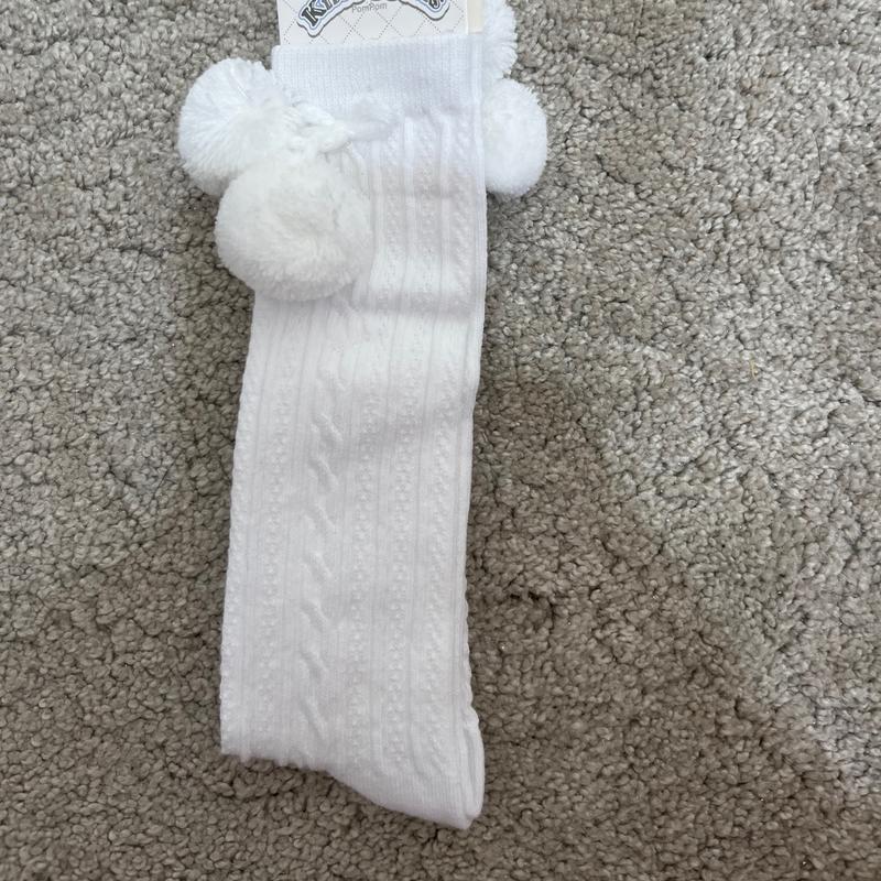 White Knee High Socks toddler infant pompom bow Cotton Summer Winter 1