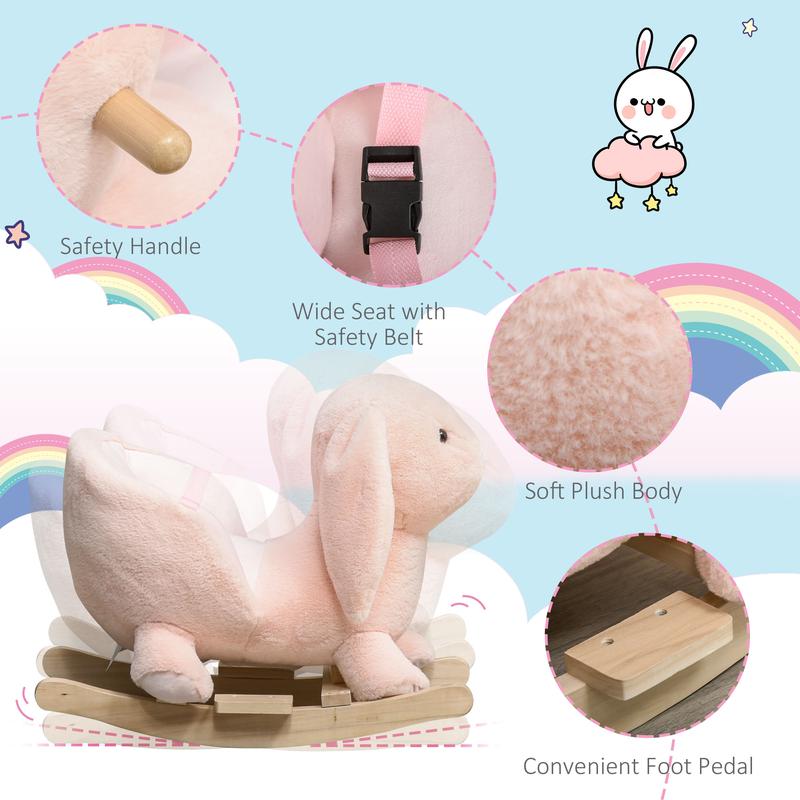 HOMCOM Kids Children Rocking Horse Plush Ride On Rabbit Seat w/ Sound Wood Base Seat Safety Belt Toddler Baby Toy Rocker Pink 18 - 36 Months 6