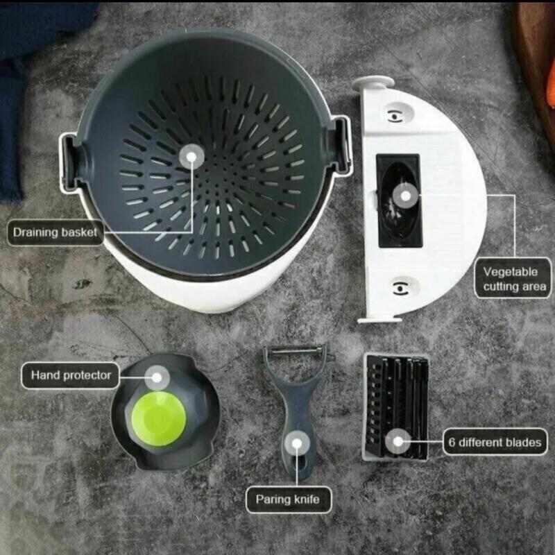 9 IN 1 Kitchen Slicer Vegetable Cutter Assist Potato Onion Carrot Grater Chopper Cover Utensils Detachable Basket Rotating Thick Handheld multicoloured sharp 2