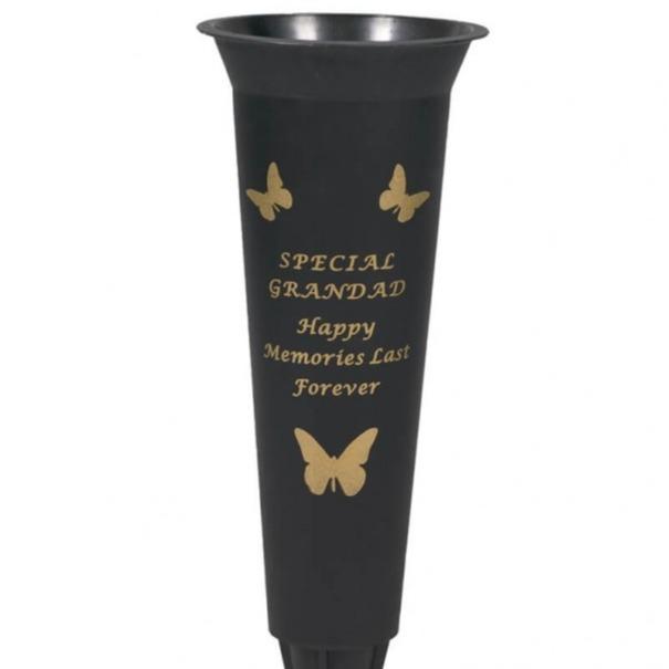 Options - Black & Gold plastic spike memorial Flower vase with butterfly decoration. Ornaments 1