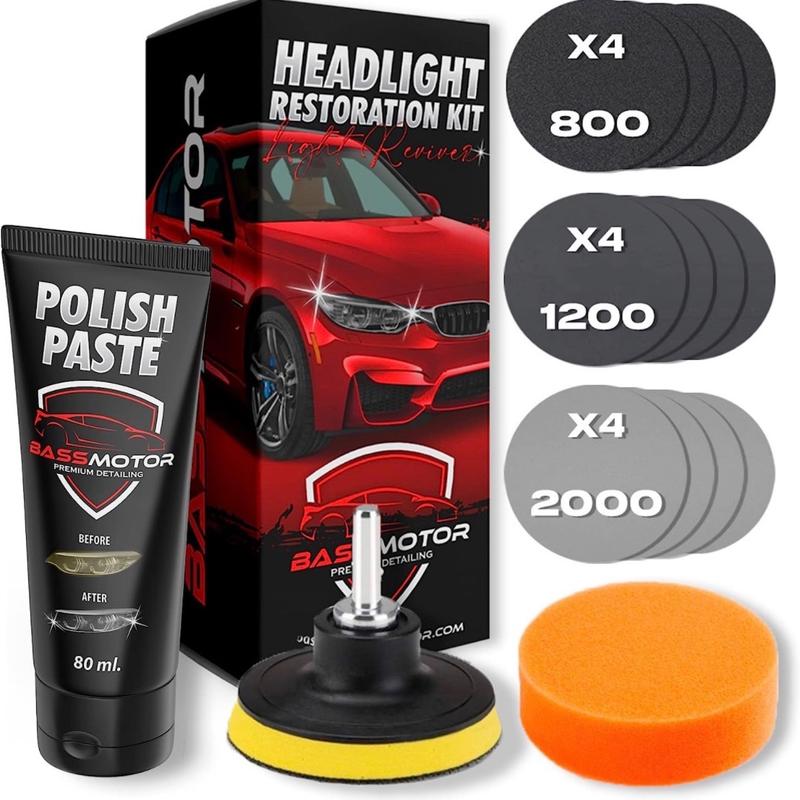 Car Headlight Restoration Kit- Treats Opaque Headlights, Yellowing and Degradation - Sanding Discs, Polish, Polishing Sponge and Universal Adapter - Driving Visibility and Safety BassMotor graphene fog duel auto detailing accessories 0