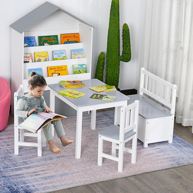 HOMCOM 4-Piece Kids Table and Chair Set with 2 Wooden Chairs, 1 Storage Bench, and Interesting Modern Design, Grey/White 1
