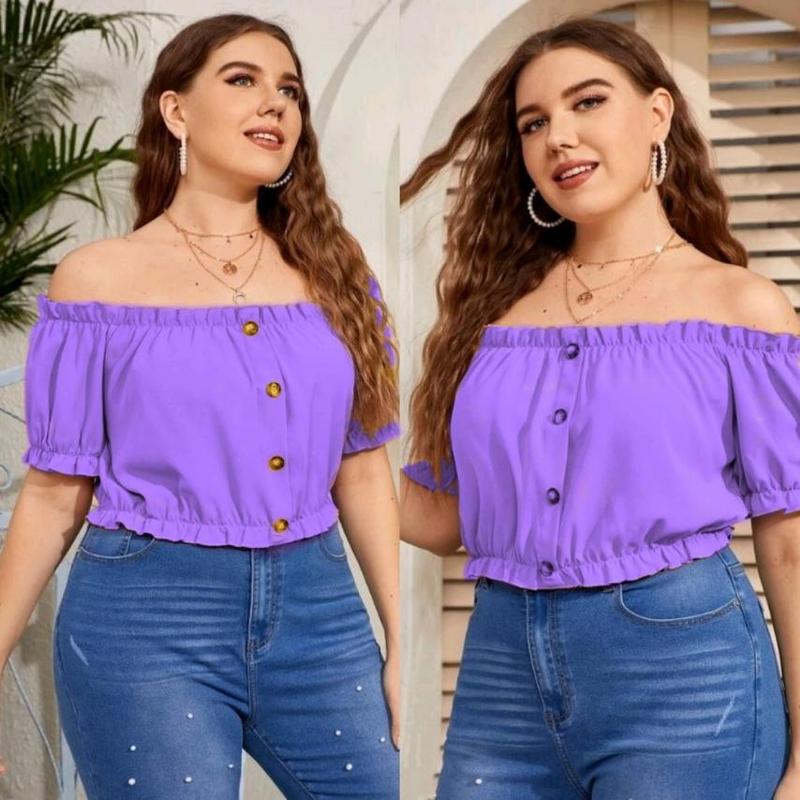Product Introduction of Button Off Shoulder Blouse FREE SIZE ONLLY CAN FIT UP TO XL Fabric Shirts Top Womenswear Clothes Outfit Taslan 2