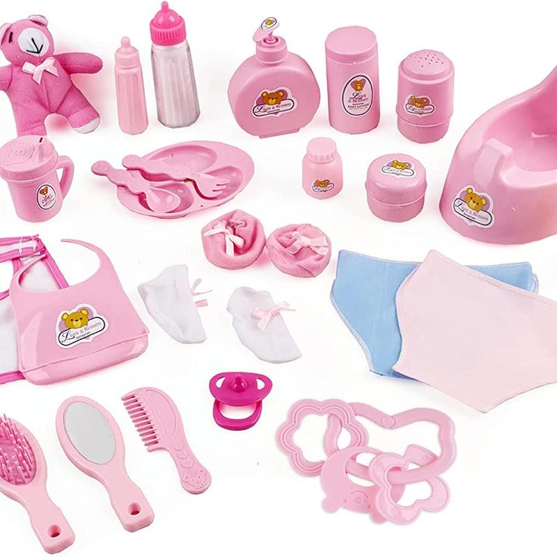 deAO Nurturing Pretend  28pcs Baby Doll Accessories Set With Bag – Baby Care, Feeding & Bath Toy Kit with Clothes, Pacifier & Dummy – Role Play Gift for Girls & Boys 9