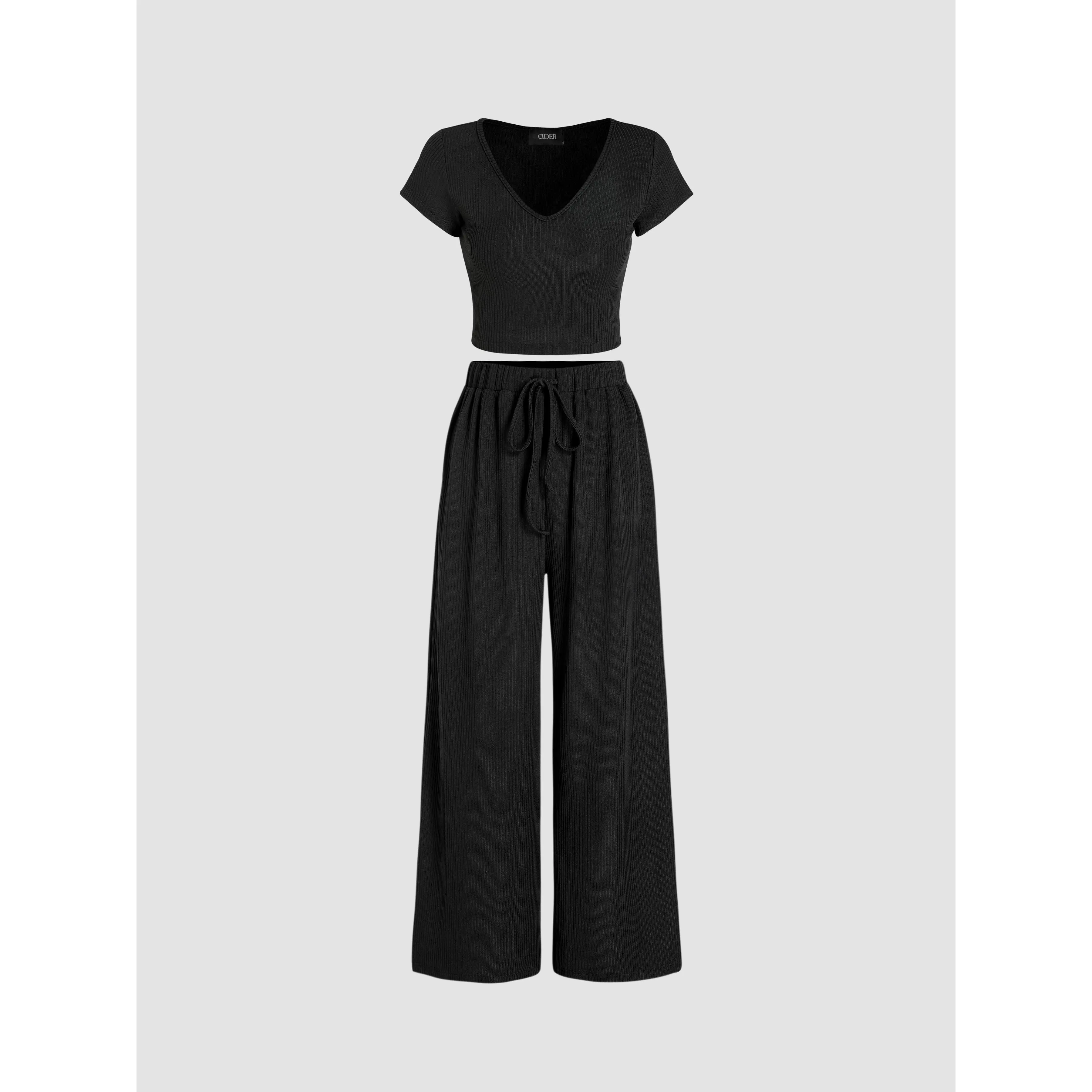 [3 colours, UK size 4-16] V-neck Short Sleeve Tee & Knotted Wide Leg Pants Set