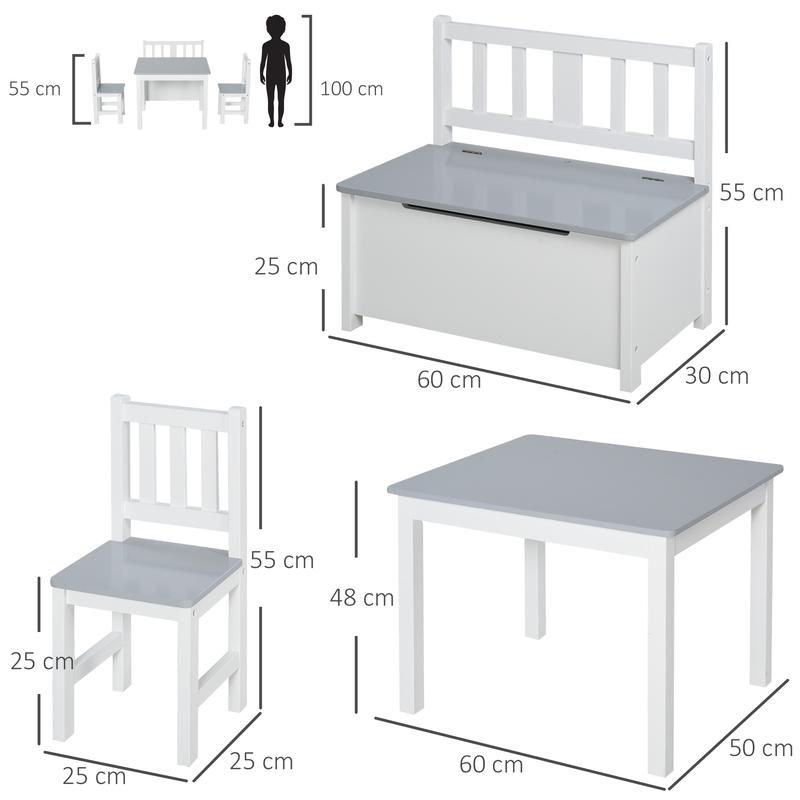 HOMCOM 4-Piece Kids Table and Chair Set with 2 Wooden Chairs, 1 Storage Bench, and Interesting Modern Design, Grey/White 2