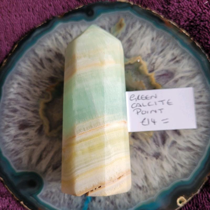 Green Calcite Gemstone Point.  Please note these items are for sale in my shop also. Every effort will be made to supply the crystal in the picture . if not one of equal or more size will be given 2