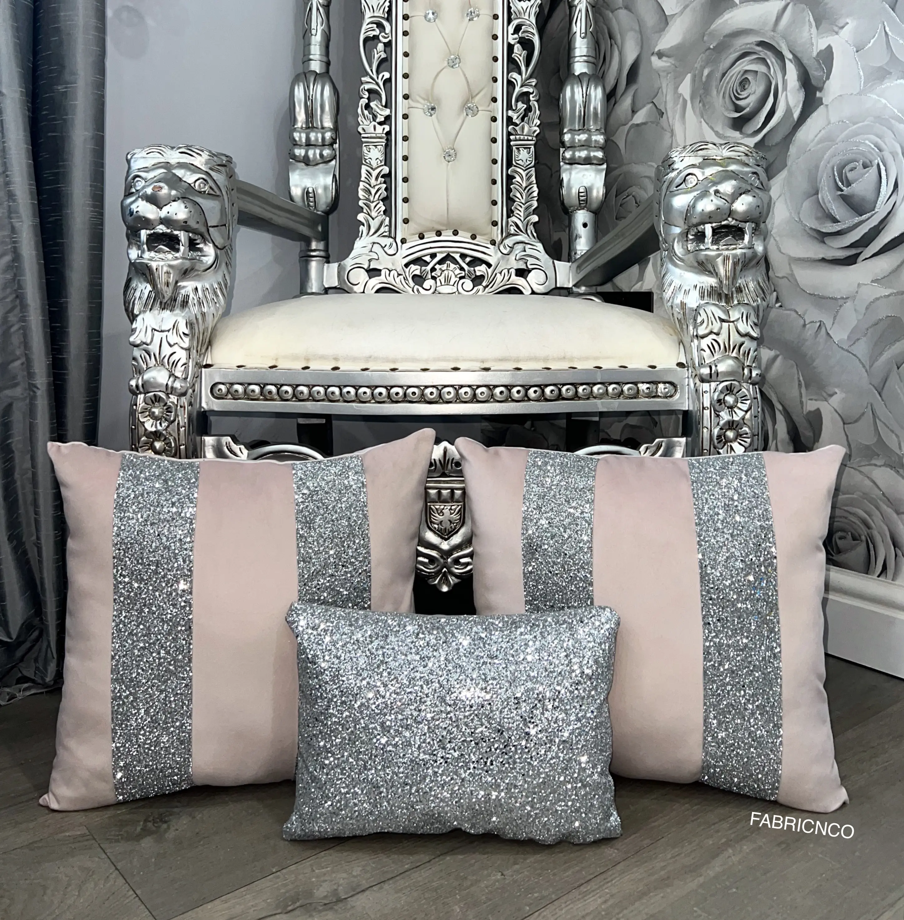 Soft Pink And Silver Plush Velvet Glitter Sparkle Cushion Cover Set, Fabric, Sets,