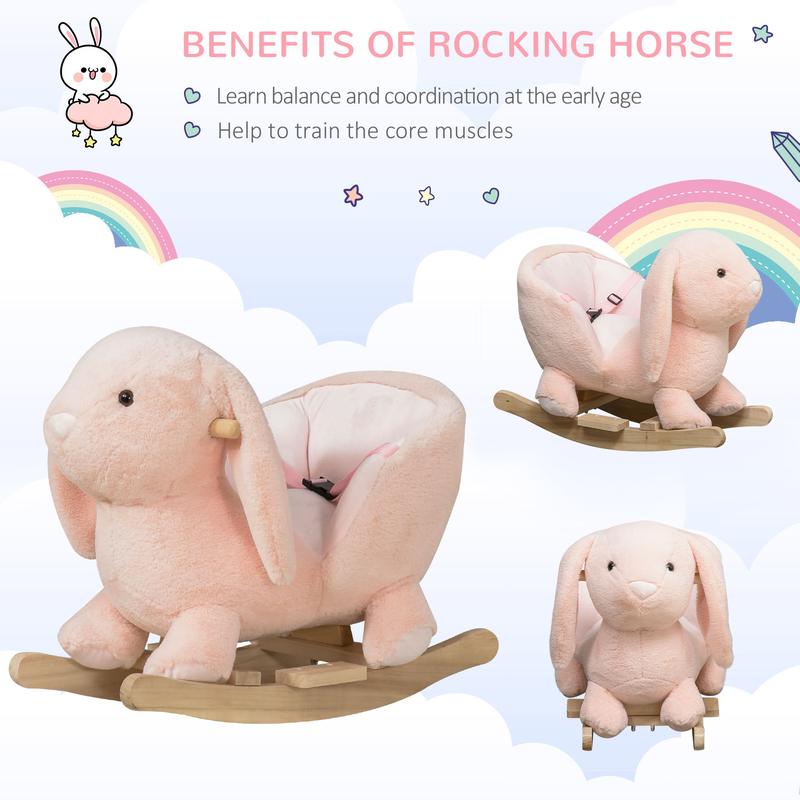 HOMCOM Kids Children Rocking Horse Plush Ride On Rabbit Seat w/ Sound Wood Base Seat Safety Belt Toddler Baby Toy Rocker Pink 18 - 36 Months 3