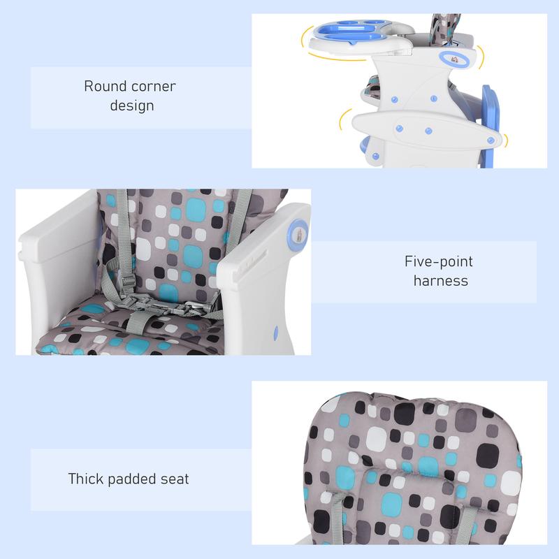 HOMCOM 3 in 1 Convertible Baby High Chair Toddler Table Chair Infant Feeding Seat Removable Food Tray Safety Harness Blue 6