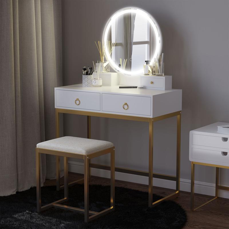HOMCOM Dressing Table Set with LED Light, Round Mirror, Vanity Makeup Table with 2 Drawers and Cushioned Stool for Bedroom, White 3