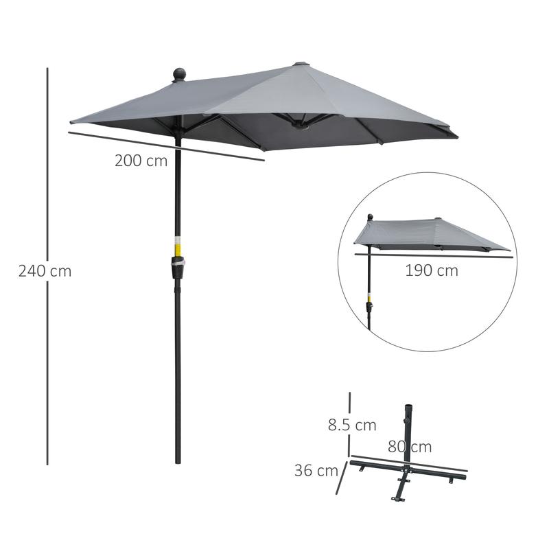 Outsunny 2m Half Parasol Market Umbrella Garden Balcony Parasol with Crank Handle, Cross Base, Double-Sided Canopy, Dark Grey 2