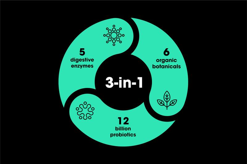Product Introduction of Gut 3-in-1 Supplement. Made For Gut Health & Bloating. 12 Billion Probiotics, 5x Digestive Enzymes & 6x Organic Botanicals. Vegan, Made in the UK, No Fillers Or Bulking Agents, Gluten Free, GMO Free, Dairy Free, Nut Free. Healthcare Dietary 16