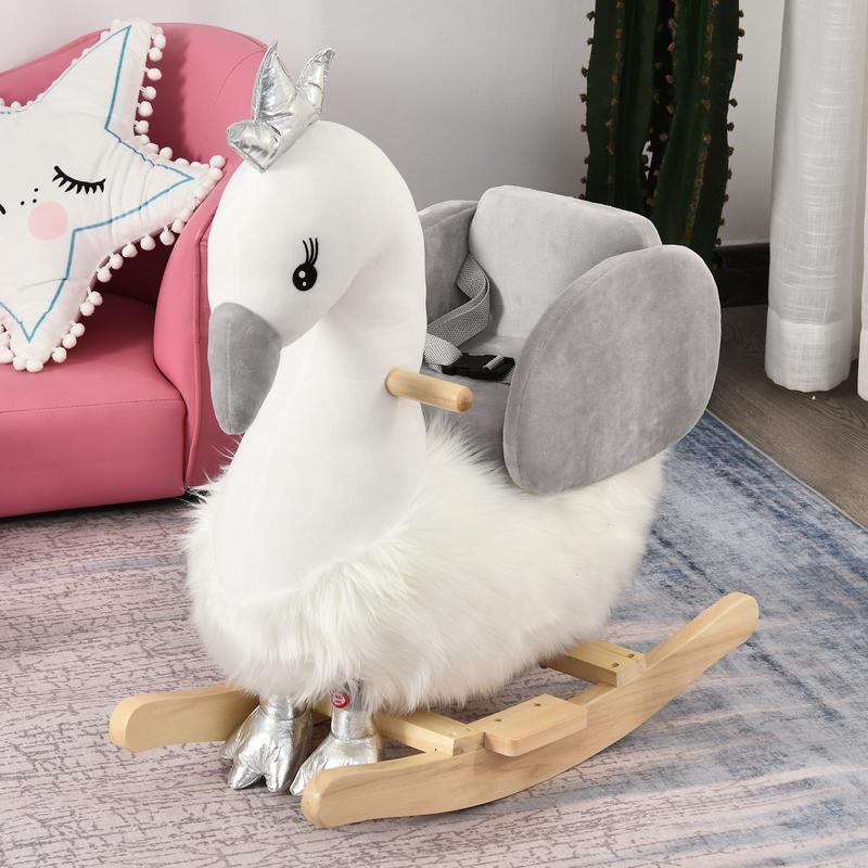 HOMCOM Kids Children Rocking Horse Plush Ride On Swan w/ Sound Wood Base Seat Safety Belt Toddler Baby Toy Rocker 18 - 36 Months 1