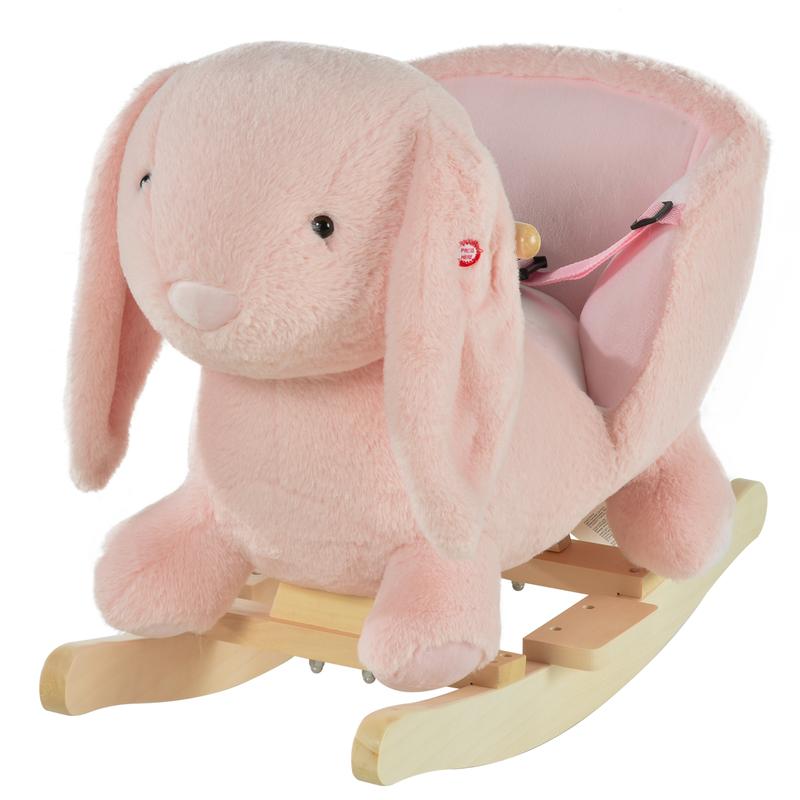 HOMCOM Kids Children Rocking Horse Plush Ride On Rabbit Seat w/ Sound Wood Base Seat Safety Belt Toddler Baby Toy Rocker Pink 18 - 36 Months 0