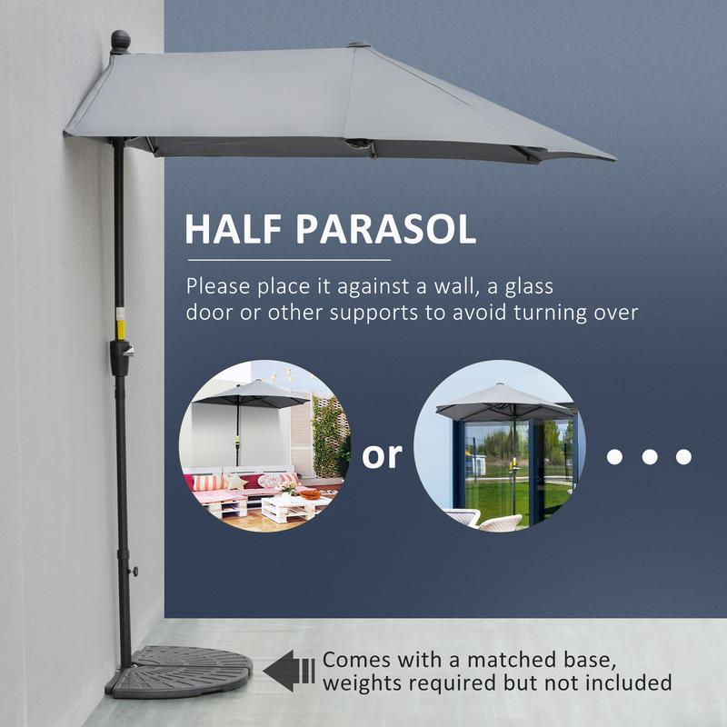 Outsunny 2m Half Parasol Market Umbrella Garden Balcony Parasol with Crank Handle, Cross Base, Double-Sided Canopy, Dark Grey 3
