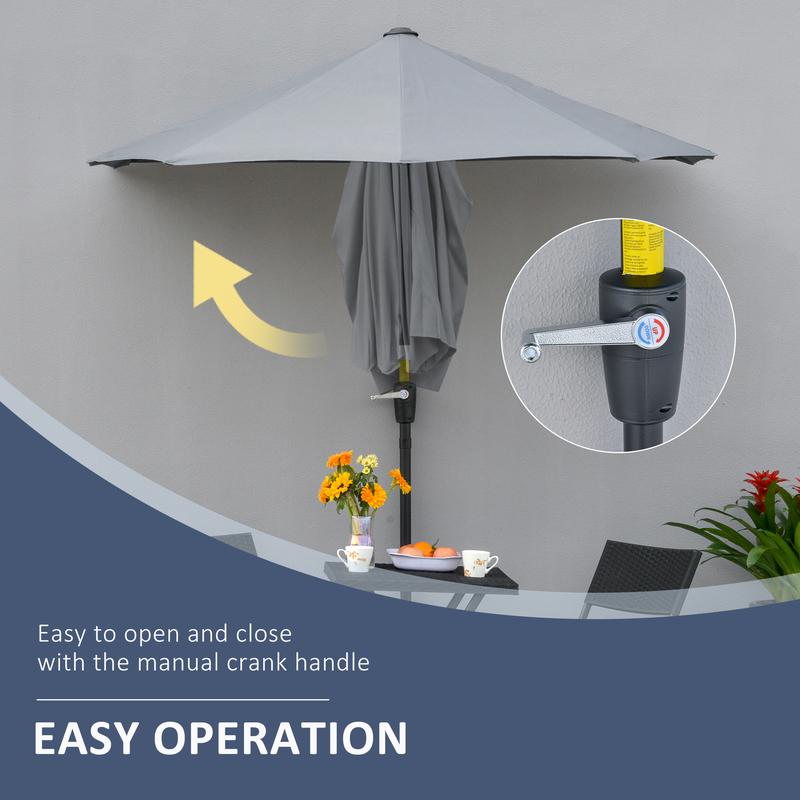 Outsunny 2m Half Parasol Market Umbrella Garden Balcony Parasol with Crank Handle, Cross Base, Double-Sided Canopy, Dark Grey 4