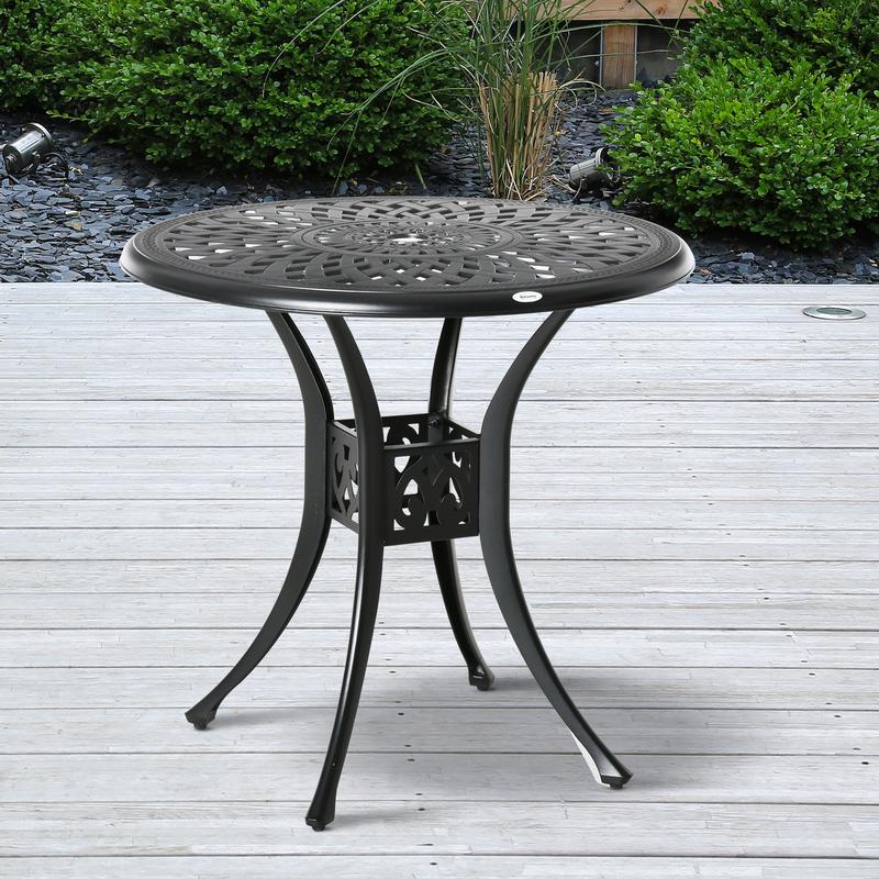 Outsunny 78cm Round Garden Dining Table with Parasol Hole Antique Cast Aluminium Outdoor Table Only, Black 1