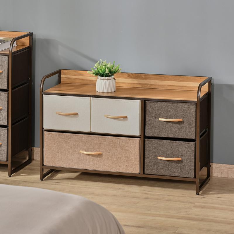 HOMCOM 5-Drawer Dresser, Linen Fabric Chest of Drawers, Dresser Tower Unit for Bedroom Hallway Entryway, Storage Organizer with Steel Frame Wooden Top 1