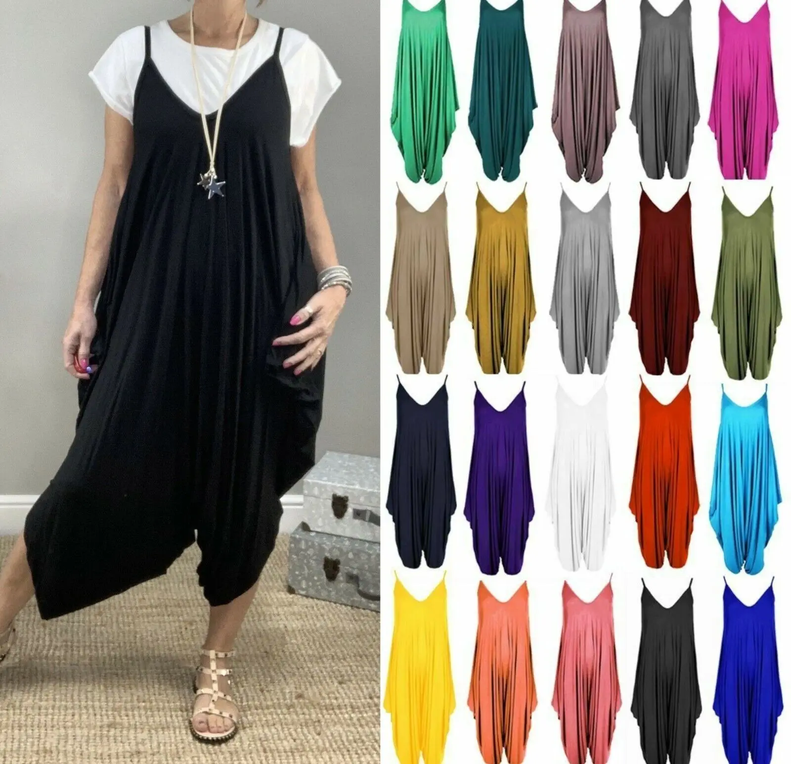 Women's Ladies V-Neck Strappy Cami Plain Lagenlook Romper Baggy Harem Wide Leg Summer Holiday Casual Loose Fit Jumpsuit Playsuit Dress Fabric Womenswear Viscose Overalls Beach Stretchy