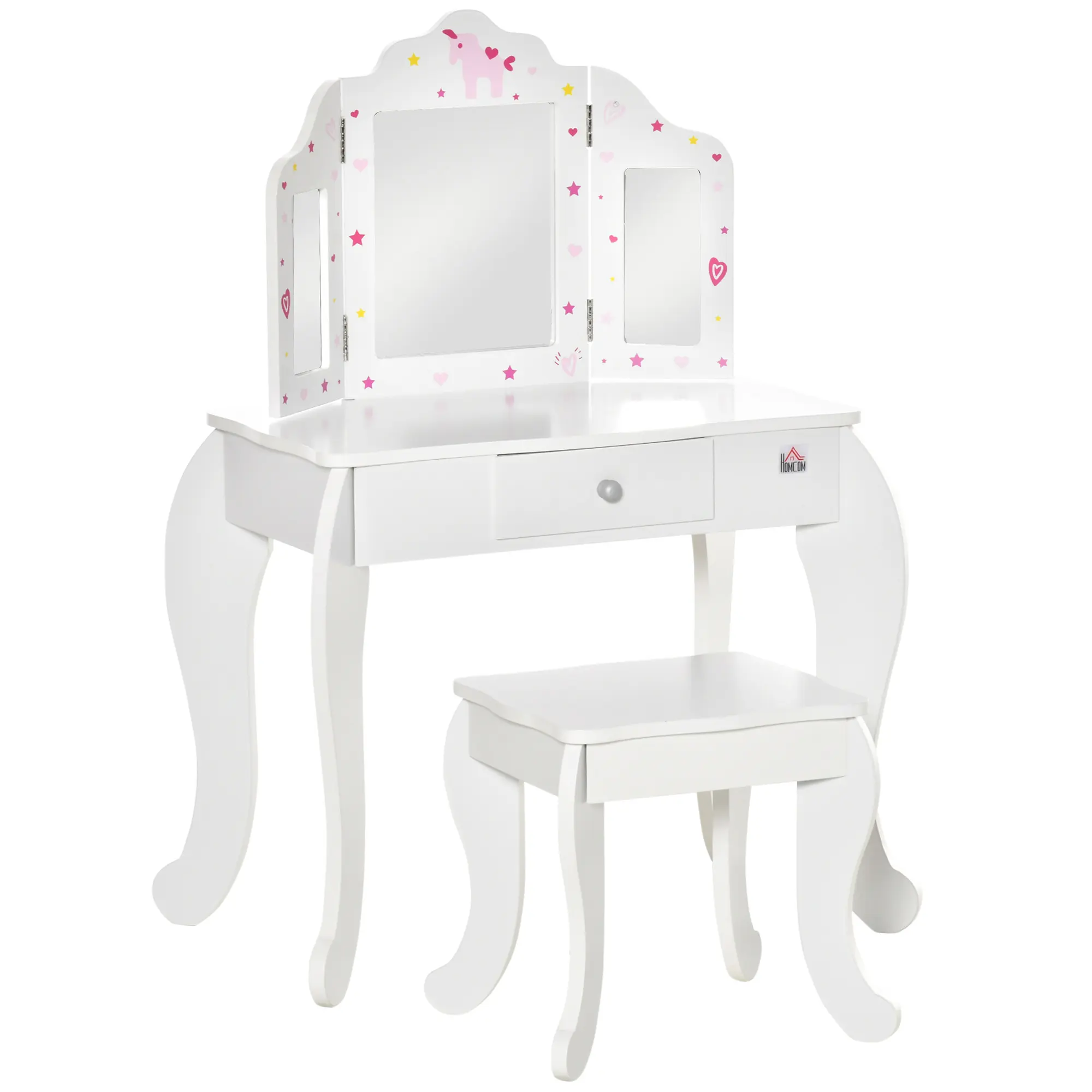 HOMCOM Kids Vanity Table & Stool Girls Dressing Set Make Up Desk Chair Dresser Play Set with Rotatable Mirrors Drawer Star & Heart Pattern White