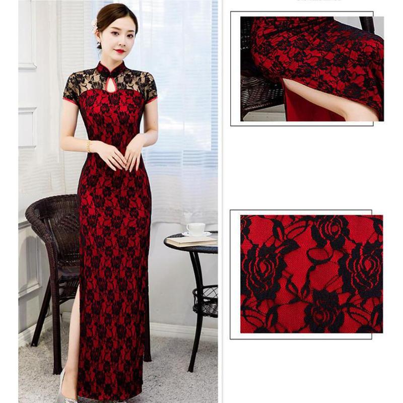 Váy sườn xám dài tay ngắn, trang phục cổ điển, váy thanh lịch, S đến 5XL, đen và đỏ 1