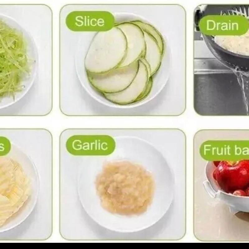 9 IN 1 Kitchen Slicer Vegetable Cutter Assist Potato Onion Carrot Grater Chopper Cover Utensils Detachable Basket Rotating Thick Handheld multicoloured sharp 4