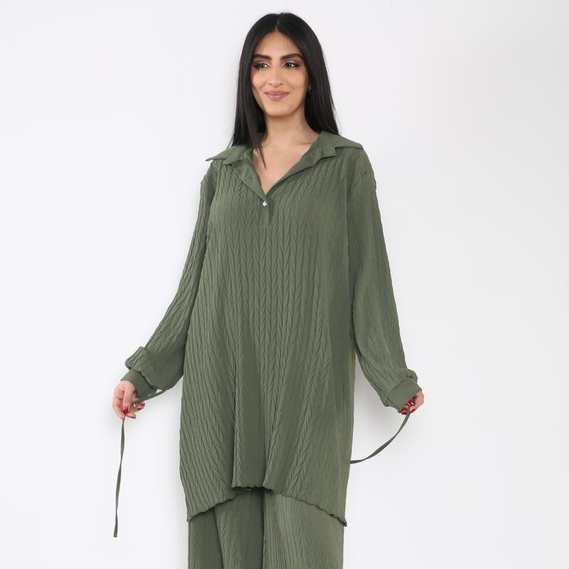 Two Piece Coord Pleated Set - Collared 3 Buttons Full Pleated Set 3