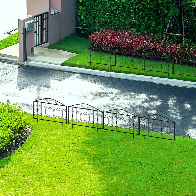 Outsunny Decorative Garden Fencing, 4PCs Outdoor Picket Fence Panels, Rustproof Metal Wire Landscape Flower Bed Border Edging Animal Barrier, Black 6