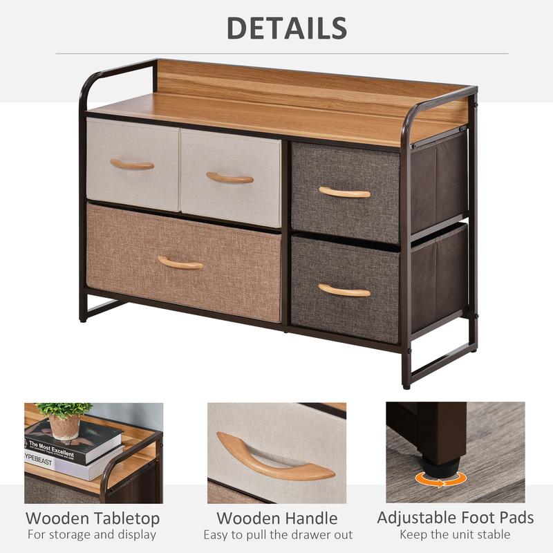 HOMCOM 5-Drawer Dresser, Linen Fabric Chest of Drawers, Dresser Tower Unit for Bedroom Hallway Entryway, Storage Organizer with Steel Frame Wooden Top 5
