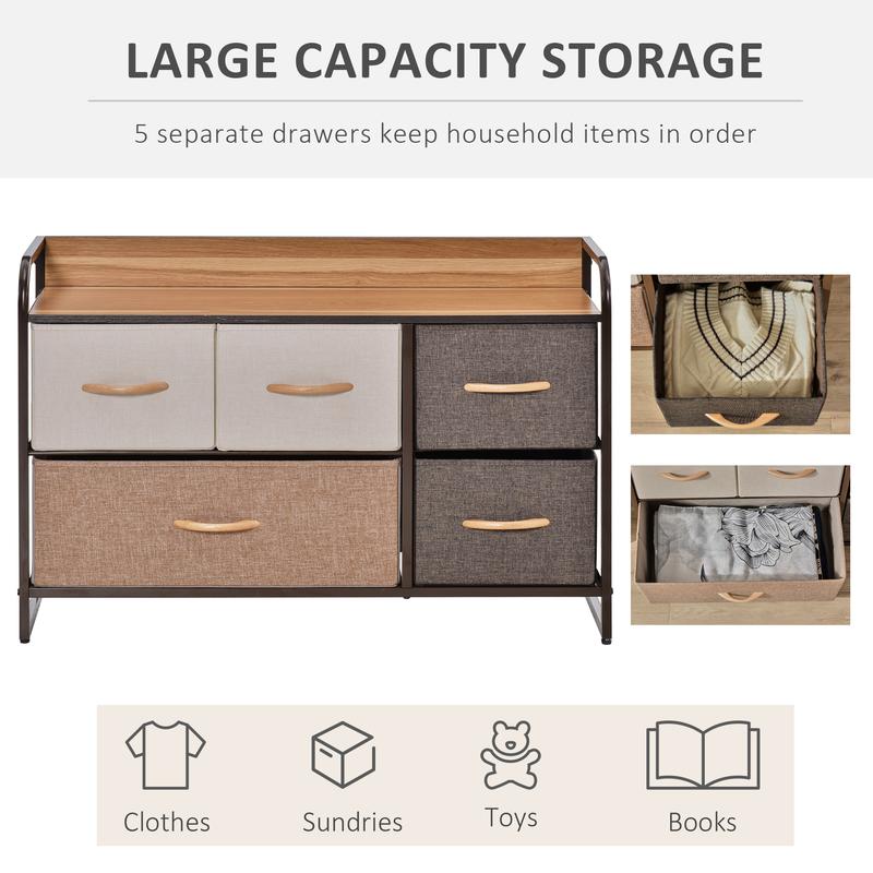 HOMCOM 5-Drawer Dresser, Linen Fabric Chest of Drawers, Dresser Tower Unit for Bedroom Hallway Entryway, Storage Organizer with Steel Frame Wooden Top 4