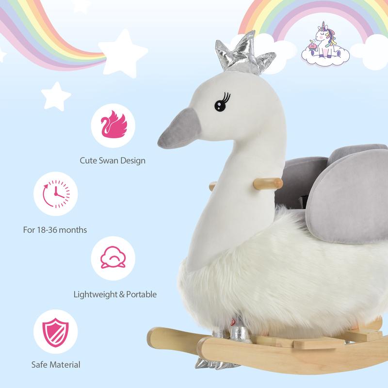 HOMCOM Kids Children Rocking Horse Plush Ride On Swan w/ Sound Wood Base Seat Safety Belt Toddler Baby Toy Rocker 18 - 36 Months 6