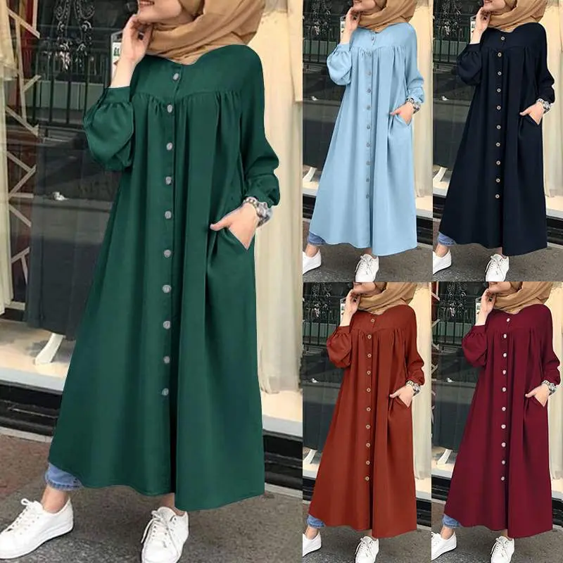Button Long Dress Muslimah Long Sleeve Muslim Dresses for Women with Pocket Polyester Long Skirt Muslim Dress Outfits Islamic Clothing Wholesale TUTU