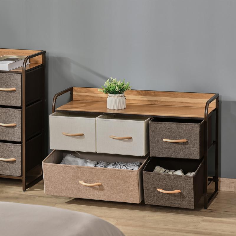 HOMCOM 5-Drawer Dresser, Linen Fabric Chest of Drawers, Dresser Tower Unit for Bedroom Hallway Entryway, Storage Organizer with Steel Frame Wooden Top 6
