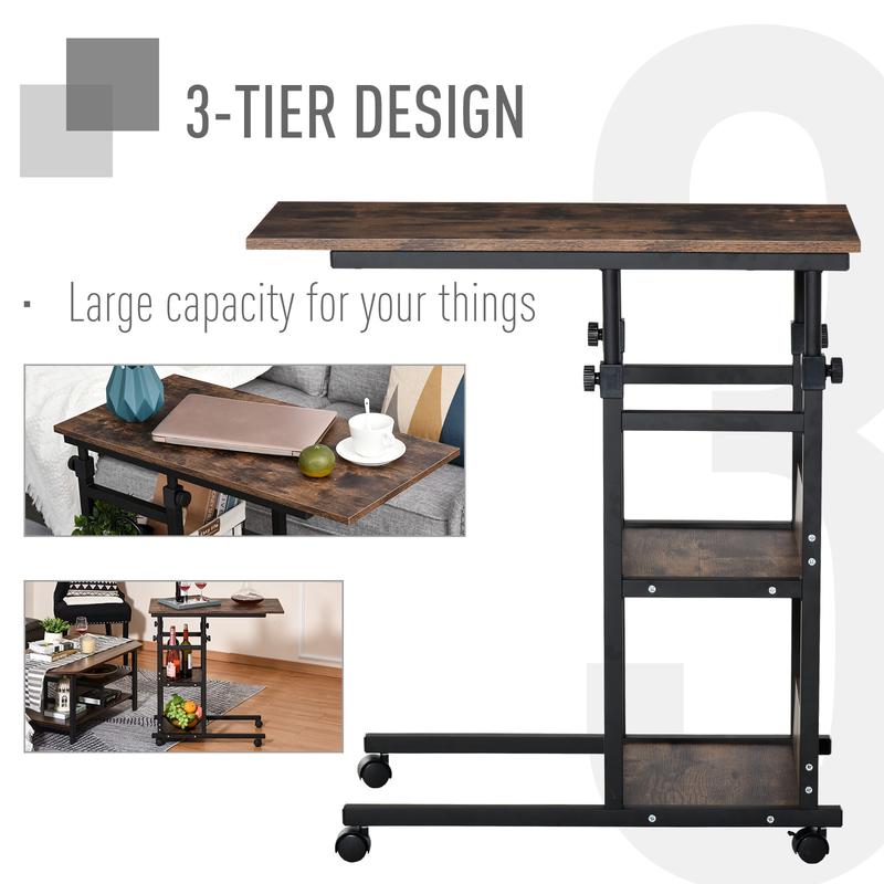 C-Shaped Mobile Sofa Bed Side Table Adjust Height 3-Tier Cart w/ Casters, Brake 5