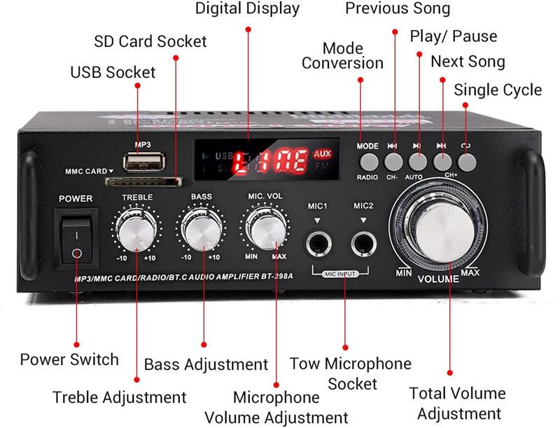Product Introduction of 800W BT-309A Bluetooth Amplifiers HIFI USB FM Radio Car Audio Amplificador De Audio Subwoofer 12/220V HIFI 2 CH Home Theater Amp Connection Durable 49