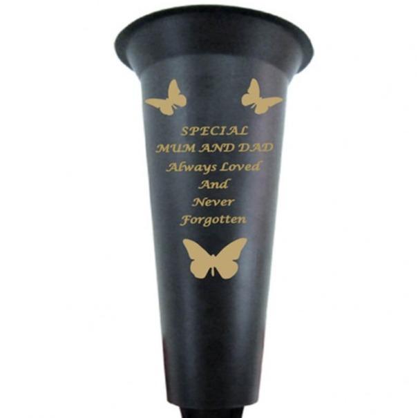Options - Black & Gold plastic spike memorial Flower vase with butterfly decoration. Ornaments 2