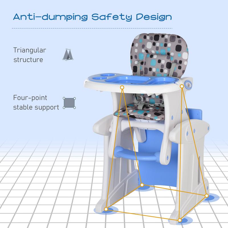 HOMCOM 3 in 1 Convertible Baby High Chair Toddler Table Chair Infant Feeding Seat Removable Food Tray Safety Harness Blue 5