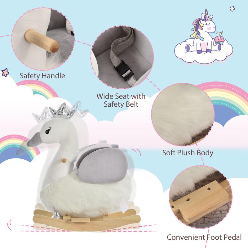HOMCOM Kids Children Rocking Horse Plush Ride On Swan w/ Sound Wood Base Seat Safety Belt Toddler Baby Toy Rocker 18 - 36 Months 3