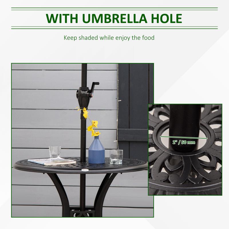 Outsunny 78cm Round Garden Dining Table with Parasol Hole Antique Cast Aluminium Outdoor Table Only, Black 4